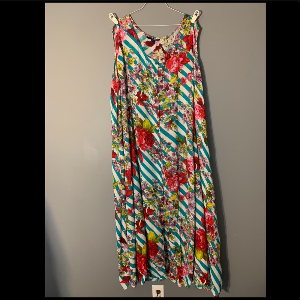 Teal & White Striped Floral Button Down Dress